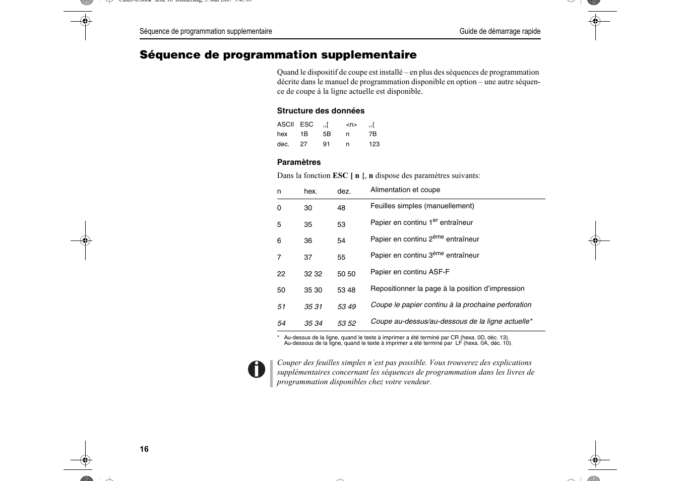 Séquence de programmation supplementaire | Dascom T2150S Quick Start Guide Cutter Option User Manual | Page 60 / 104