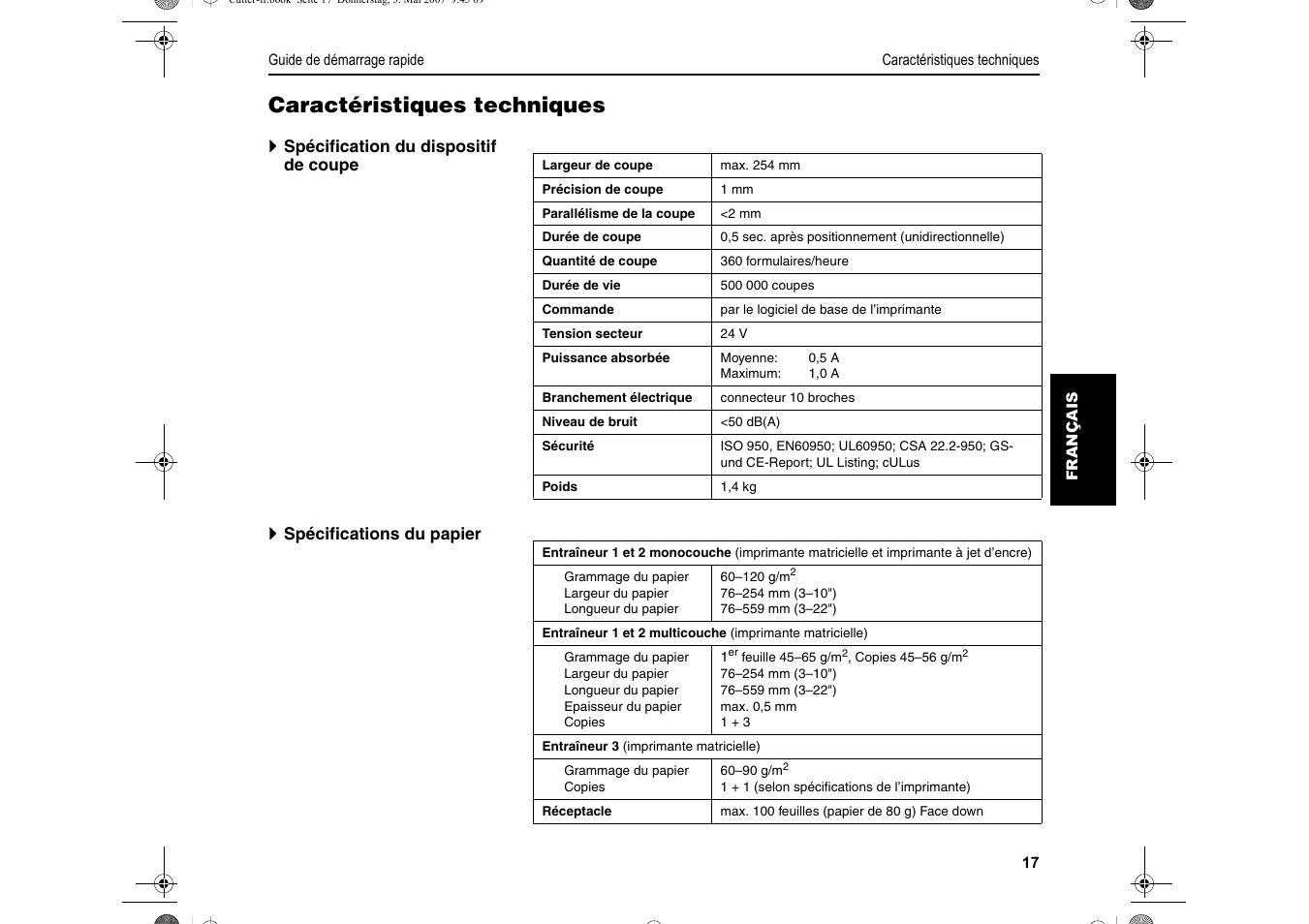 Caractéristiques techniques | Dascom T2150S Quick Start Guide Cutter Option User Manual | Page 61 / 104