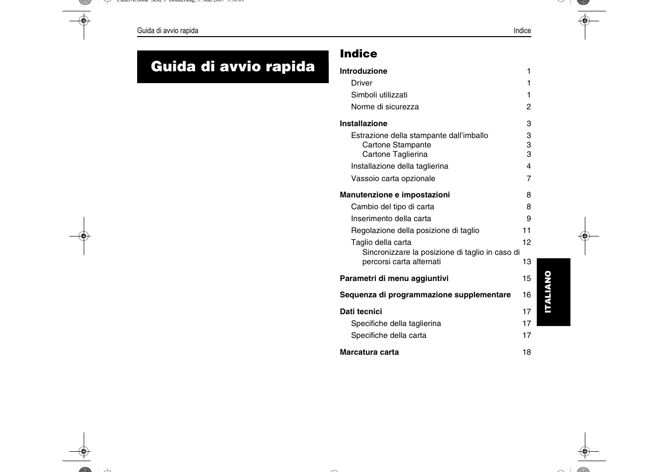 Guida di avvio rapida, Indice | Dascom T2150S Quick Start Guide Cutter Option User Manual | Page 63 / 104