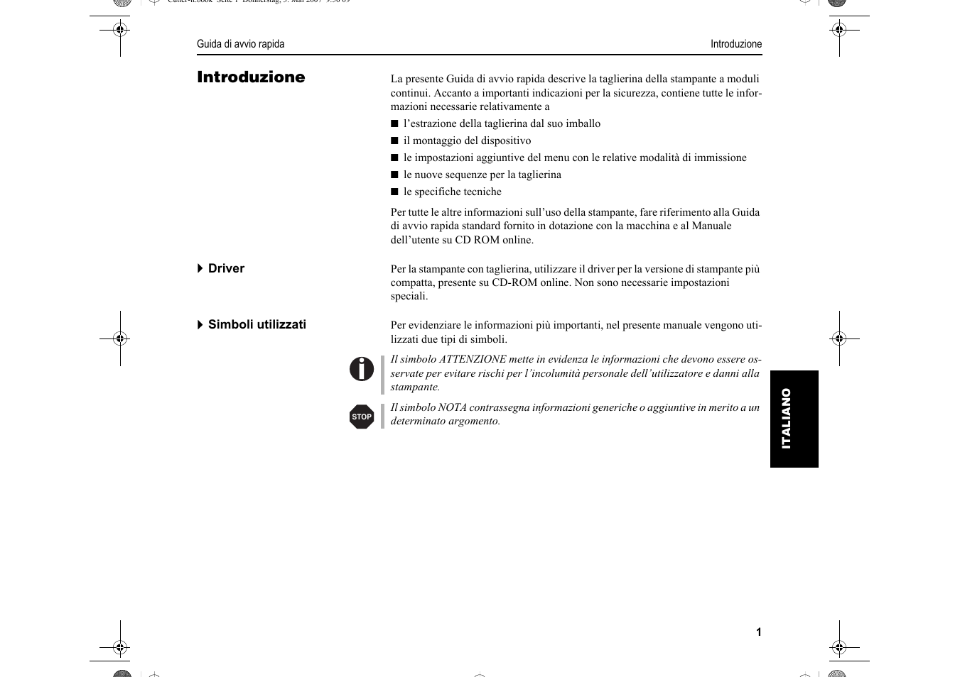 Introduzione | Dascom T2150S Quick Start Guide Cutter Option User Manual | Page 65 / 104