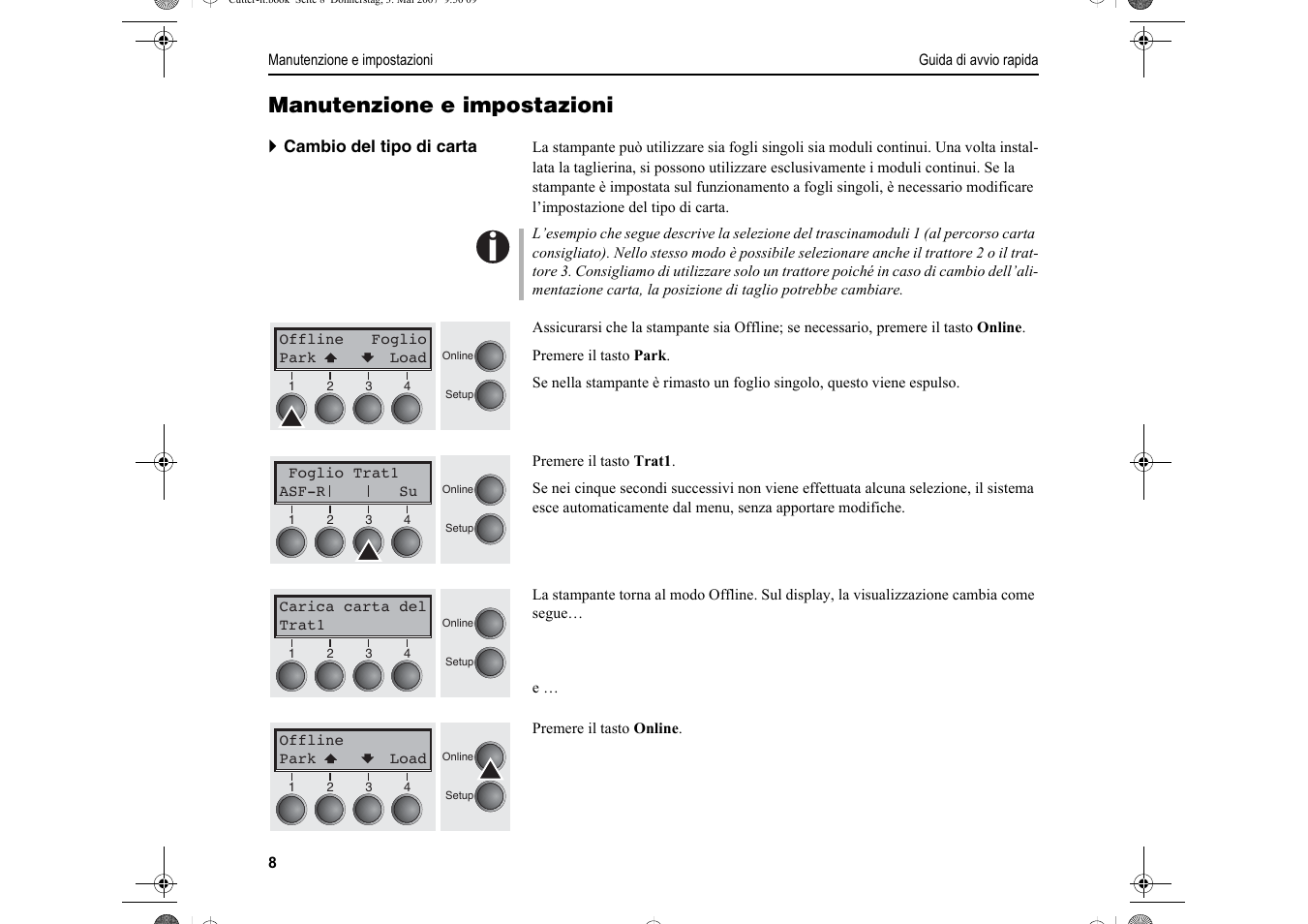 Manutenzione e impostazioni | Dascom T2150S Quick Start Guide Cutter Option User Manual | Page 72 / 104