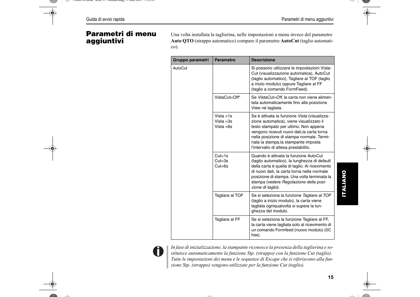 Parametri di menu aggiuntivi | Dascom T2150S Quick Start Guide Cutter Option User Manual | Page 79 / 104