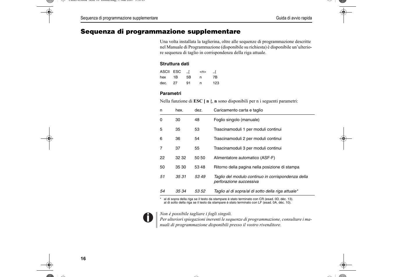 Sequenza di programmazione supplementare | Dascom T2150S Quick Start Guide Cutter Option User Manual | Page 80 / 104