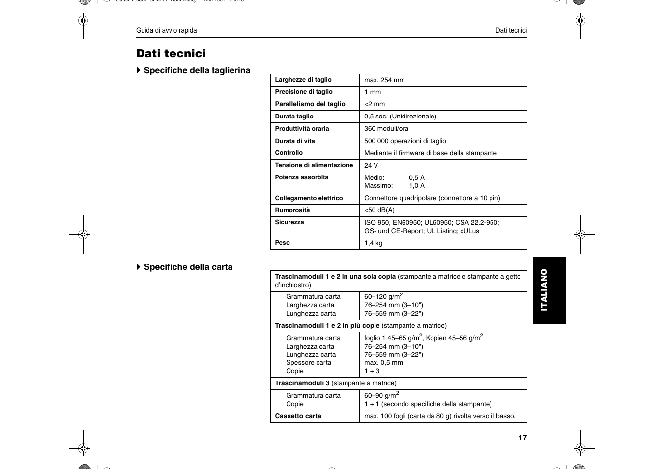 Dati tecnici | Dascom T2150S Quick Start Guide Cutter Option User Manual | Page 81 / 104