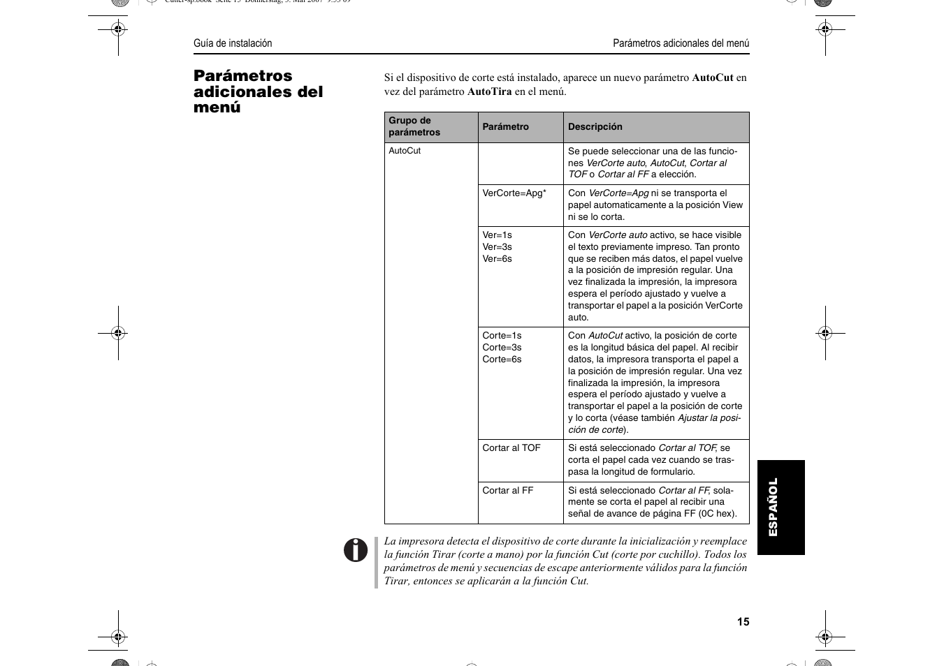 Parámetros adicionales del menú | Dascom T2150S Quick Start Guide Cutter Option User Manual | Page 99 / 104