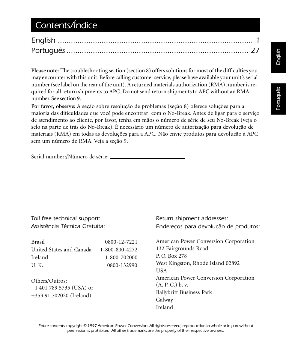 Contents/índice, English português | APC SMARTUPS Smart-UPS 700 User Manual | Page 3 / 60