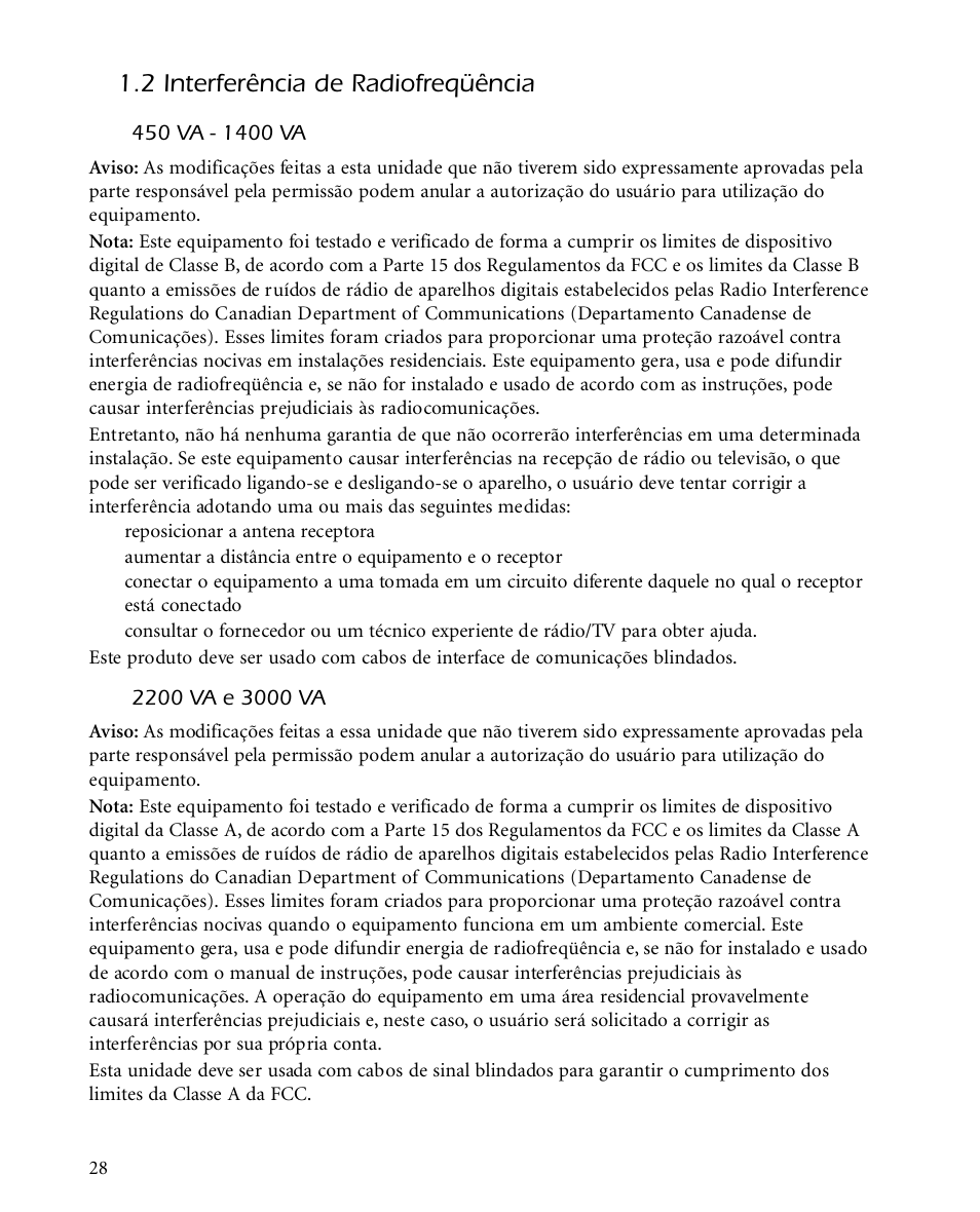 2 interferência de radiofreqüência | APC SMARTUPS Smart-UPS 700 User Manual | Page 32 / 60