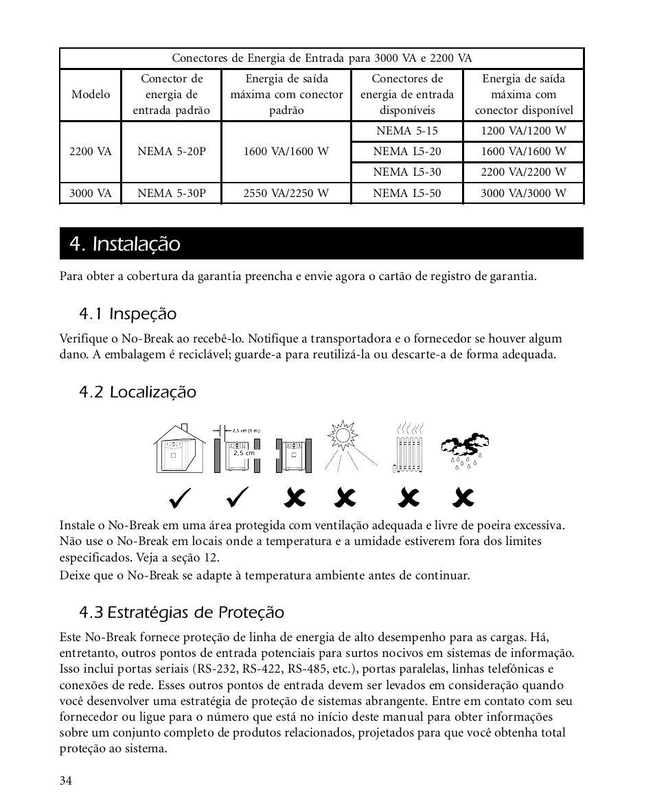 Instalação, 1 inspeção, 2 localização | 3 estratégias de proteção | APC SMARTUPS Smart-UPS 700 User Manual | Page 38 / 60