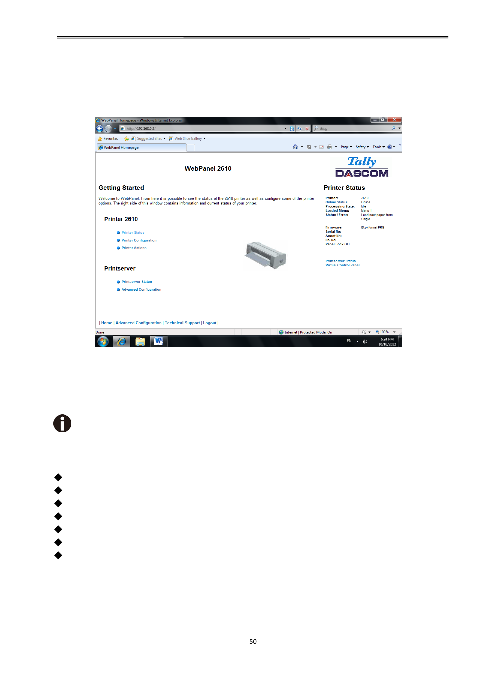 3 access to webpanel, 4 printer status, Tally dascom 2610 | Dascom 2600 User Guide User Manual | Page 63 / 129