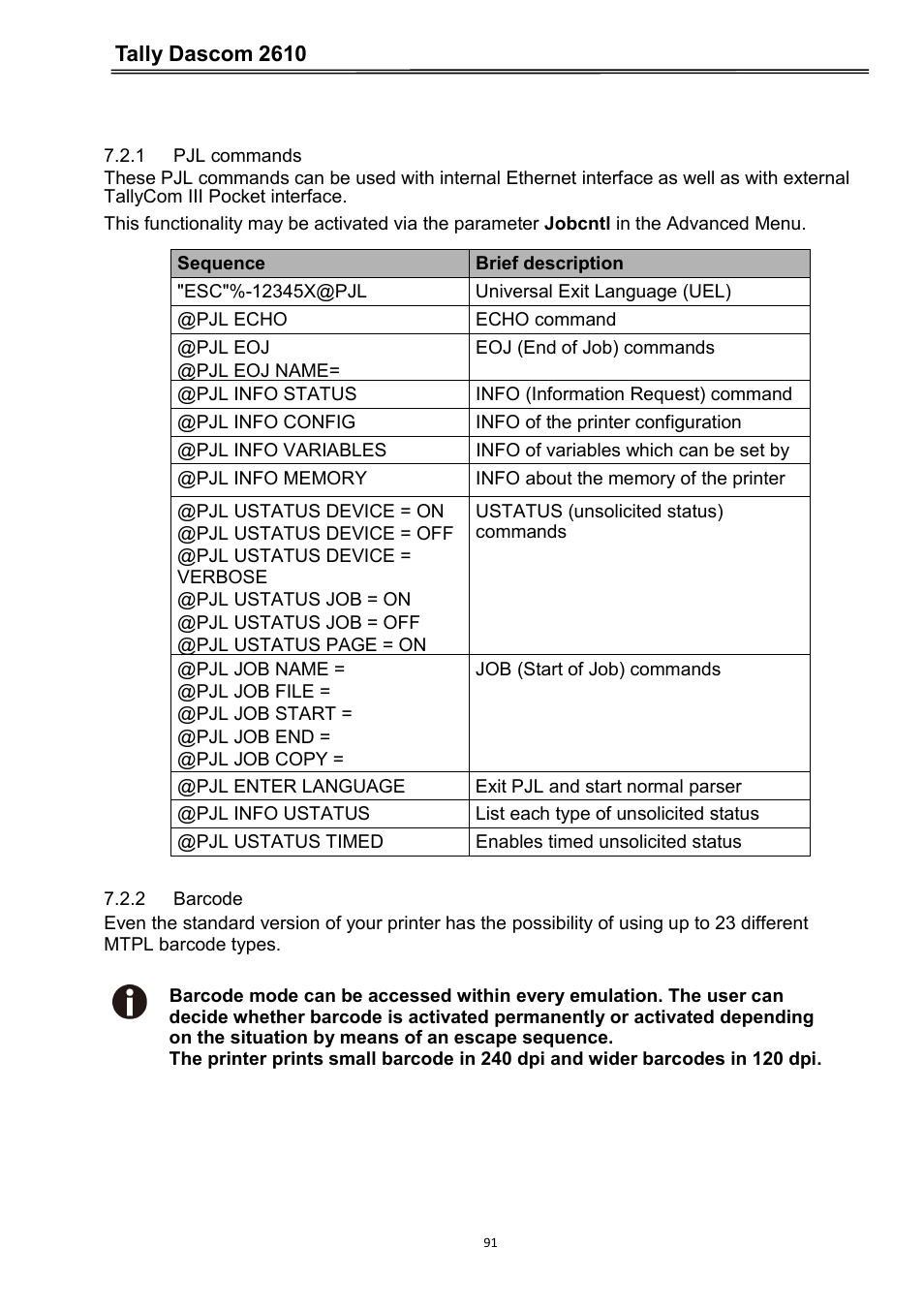 1 pjl commands, 2 barcode, Tally dascom 2610 | Dascom 2600 User Guide User Manual | Page 104 / 133