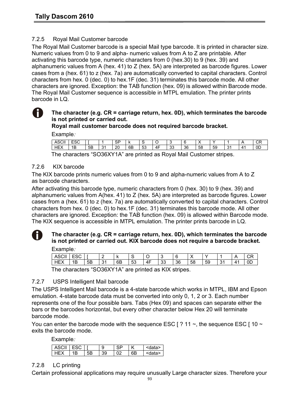 5 royal mail customer barcode, 6 kix barcode, 7 usps intelligent mail barcode | 8 lc printing, Tally dascom 2610 | Dascom 2600 User Guide User Manual | Page 106 / 133