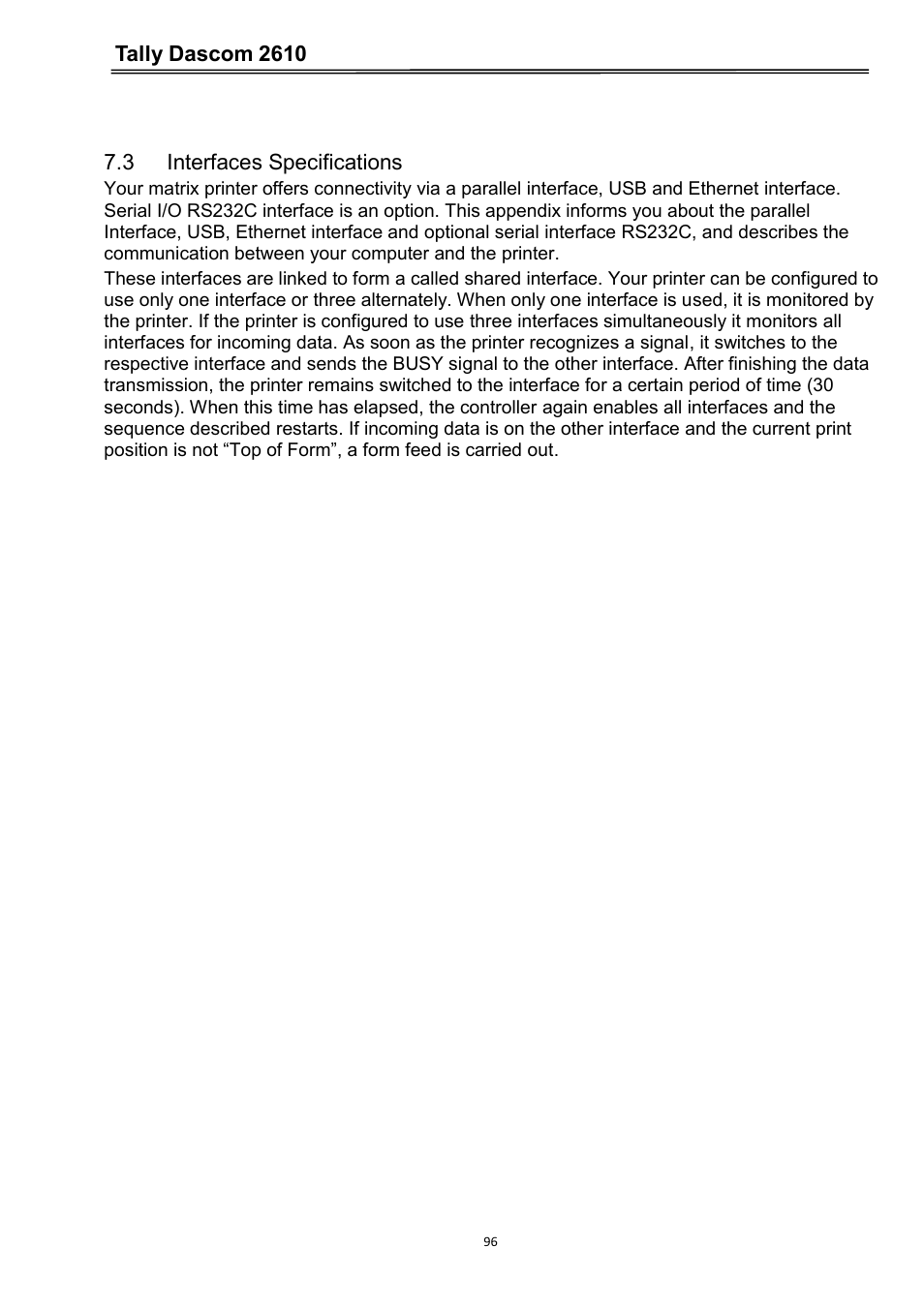 3 interfaces specifications, Tally dascom 2610 | Dascom 2600 User Guide User Manual | Page 109 / 133