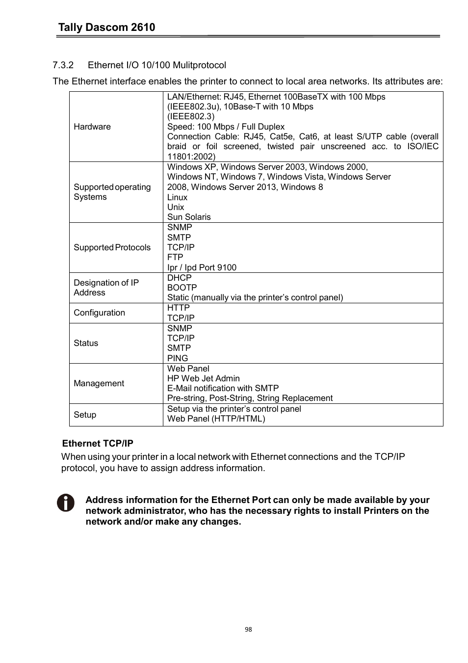 2 ethernet i/o 10/100 mulitprotocol, Tally dascom 2610 | Dascom 2600 User Guide User Manual | Page 111 / 133