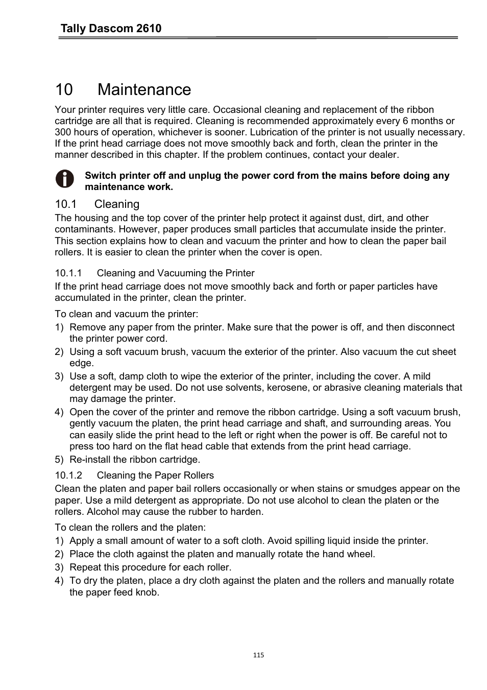10 maintenance, 1 cleaning, 1 cleaning and vacuuming the printer | 2 cleaning the paper rollers | Dascom 2600 User Guide User Manual | Page 128 / 133