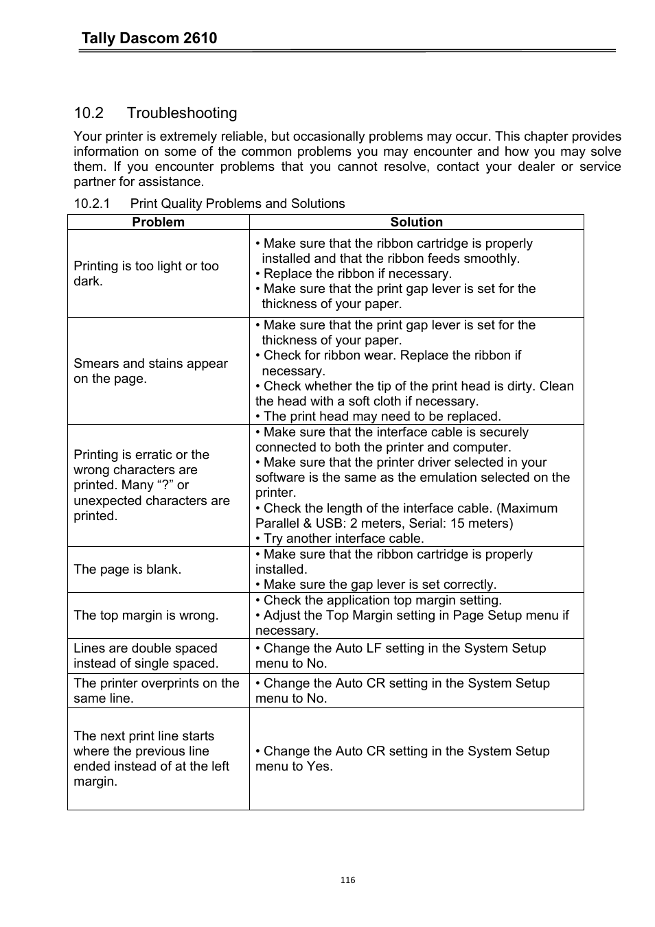 2 troubleshooting, 1 print quality problems and solutions, Tally dascom 2610 | Dascom 2600 User Guide User Manual | Page 129 / 133
