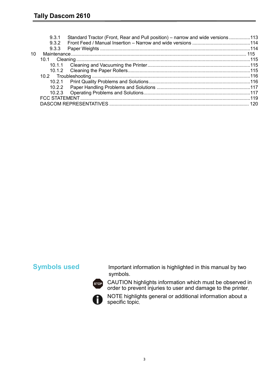 Symbols used, Tally dascom 2610 | Dascom 2600 User Guide User Manual | Page 13 / 133