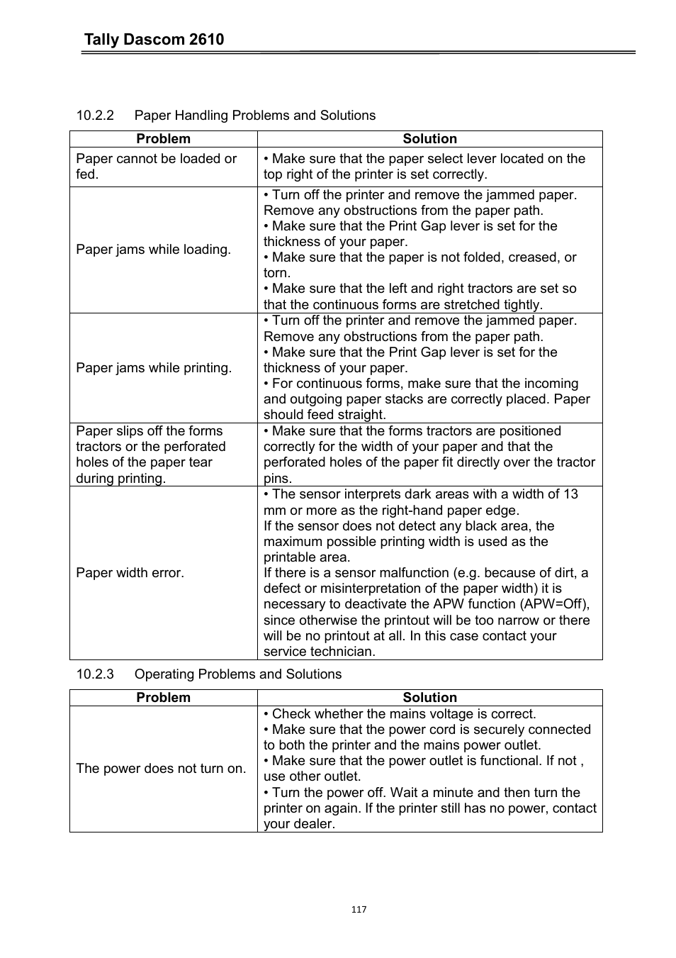 2 paper handling problems and solutions, 3 operating problems and solutions, Tally dascom 2610 | Dascom 2600 User Guide User Manual | Page 130 / 133