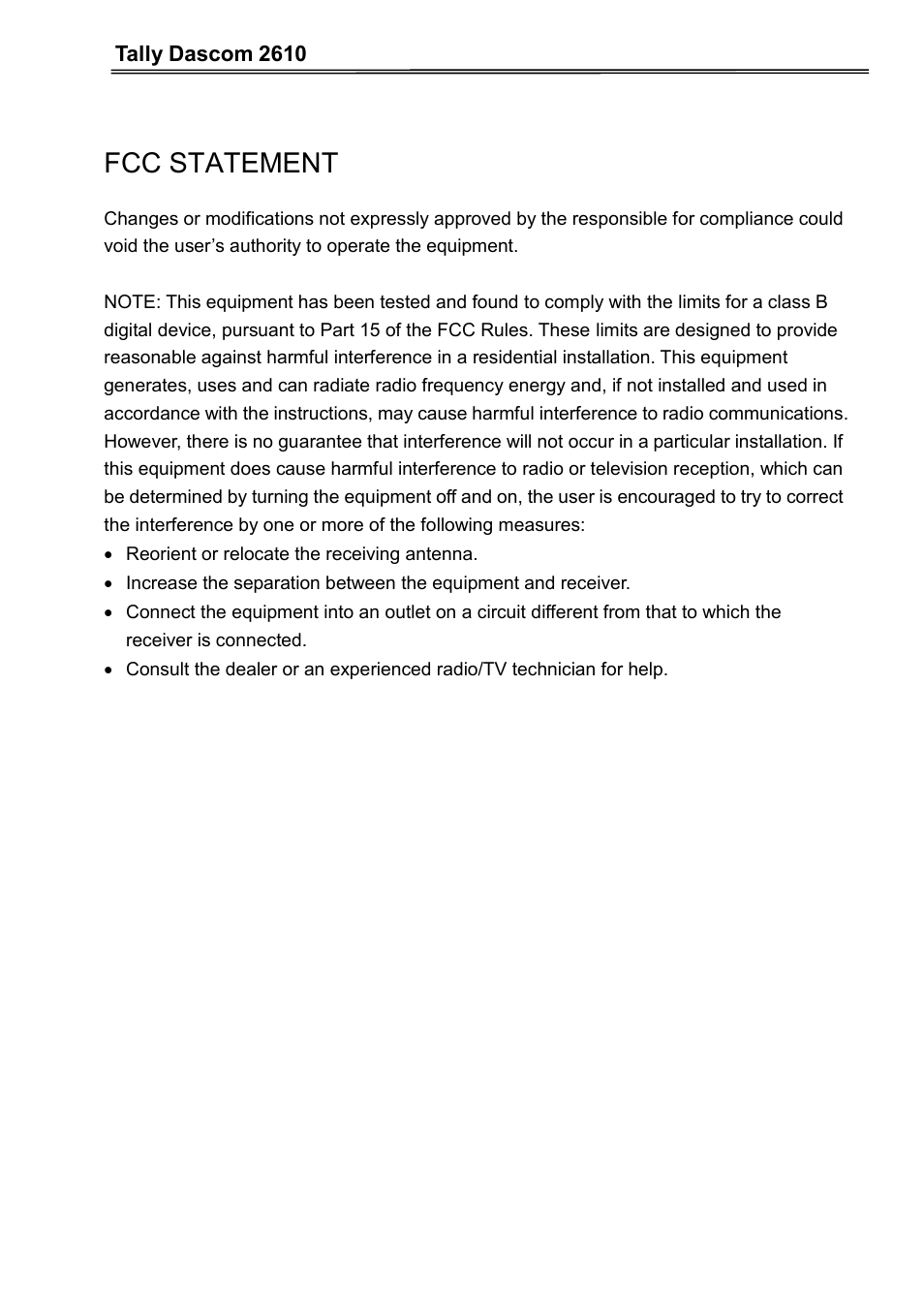 Fcc statement, Tally dascom 2610 | Dascom 2600 User Guide User Manual | Page 132 / 133