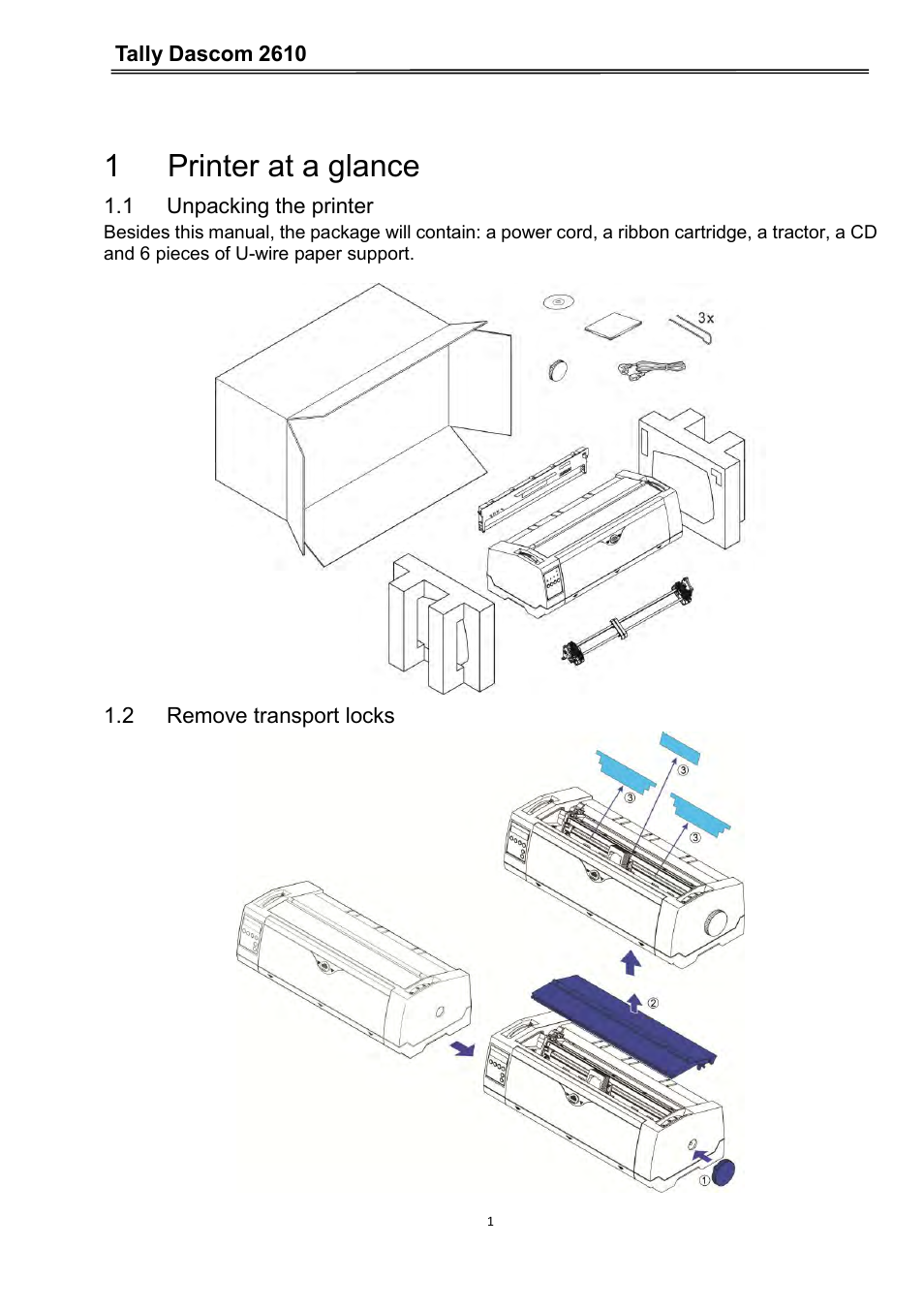 1 printer at a glance, 1 unpacking the printer, 2 remove transport locks | Dascom 2600 User Guide User Manual | Page 14 / 133