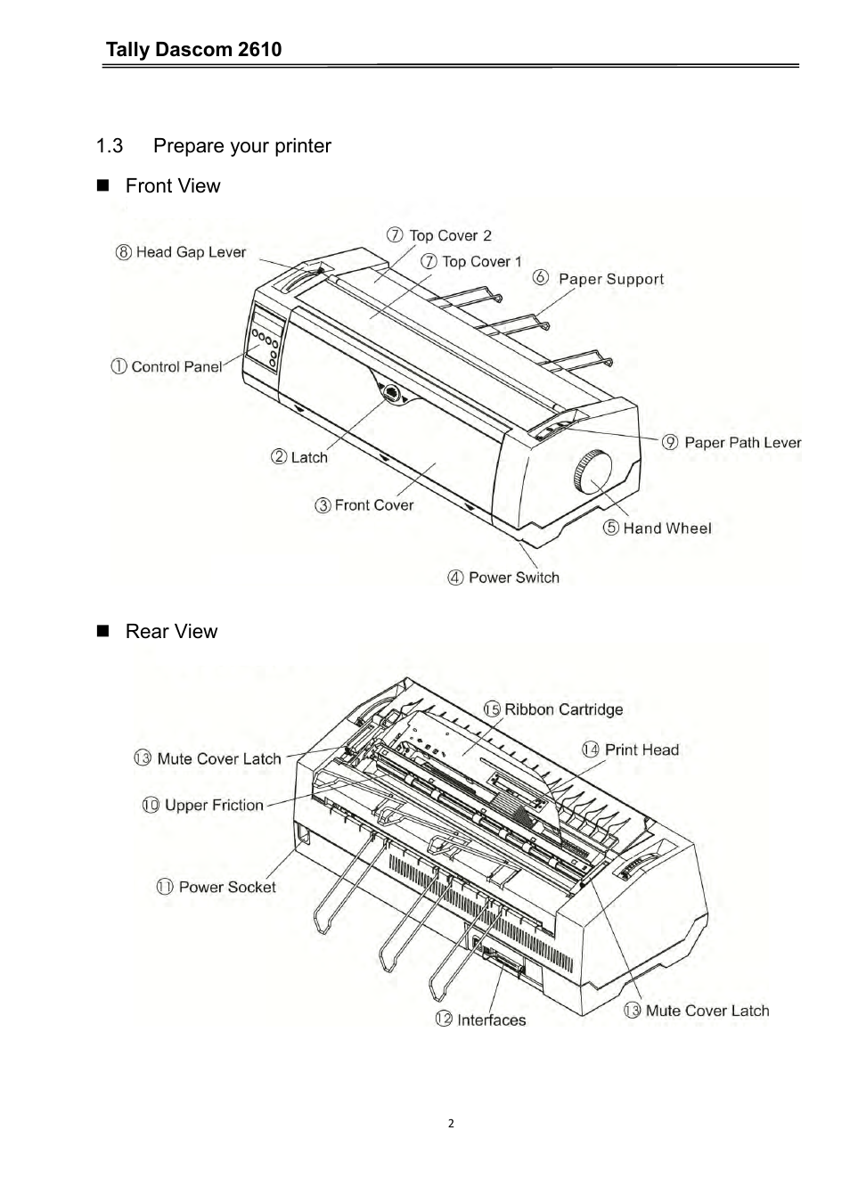 3 prepare your printer, Tally dascom 2610, 3 prepare your printer  front view | Rear view | Dascom 2600 User Guide User Manual | Page 15 / 133
