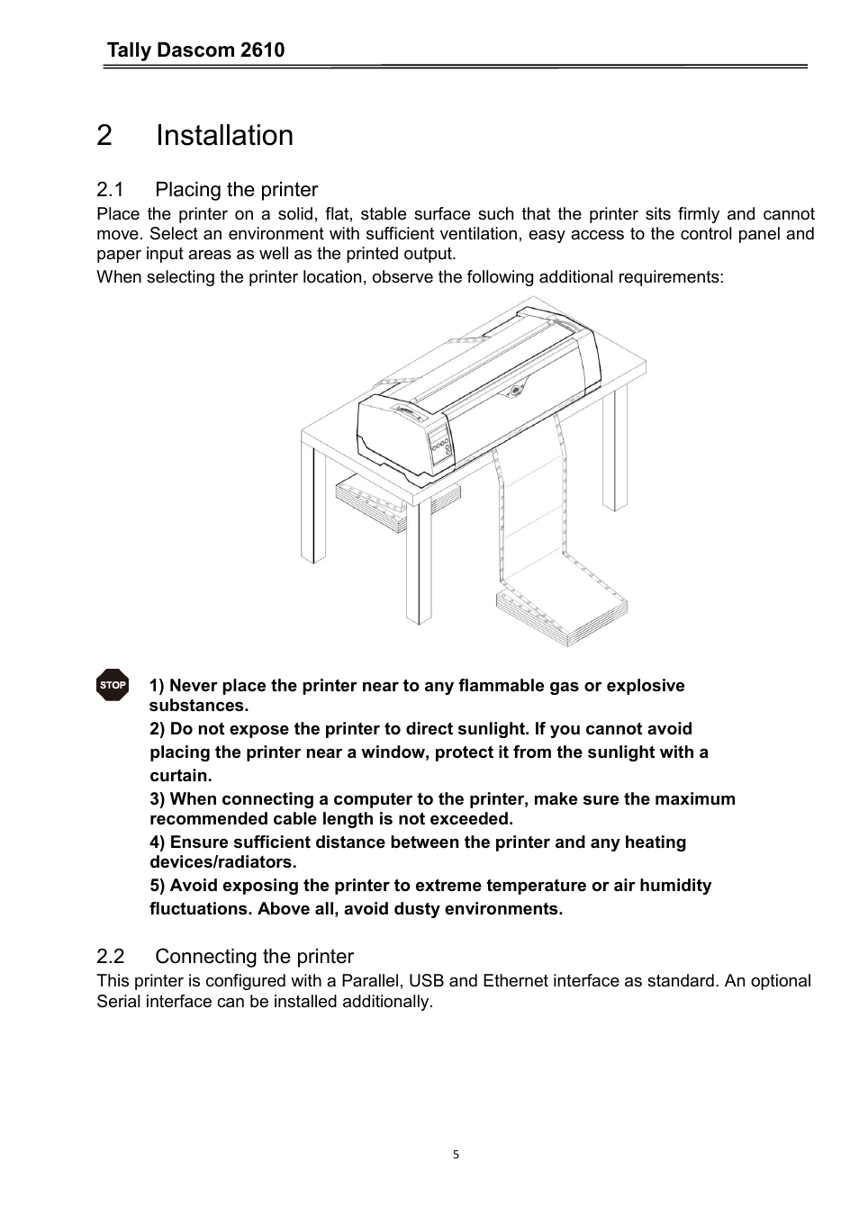 2 installation, 1 placing the printer, 2 connecting the printer | Dascom 2600 User Guide User Manual | Page 18 / 133