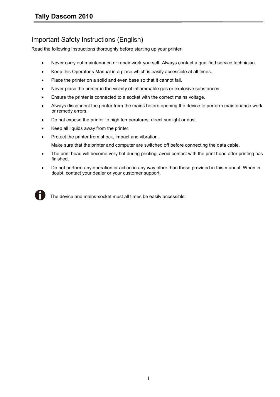 Tally dascom 2610, Important safety instructions (english) | Dascom 2600 User Guide User Manual | Page 2 / 133
