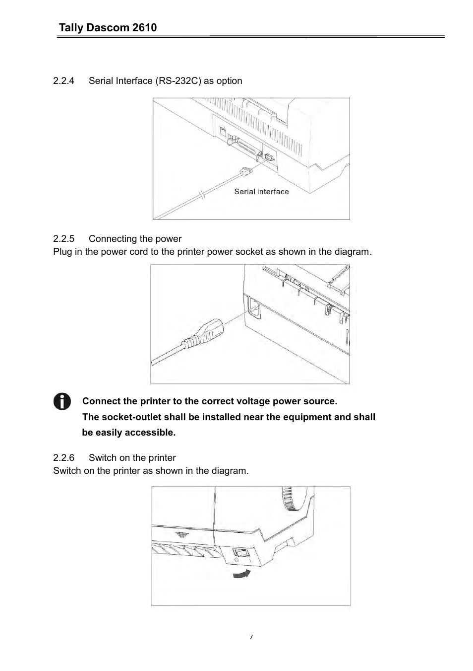 4 serial interface (rs-232c) as option, 5 connecting the power, 6 switch on the printer | Tally dascom 2610 | Dascom 2600 User Guide User Manual | Page 20 / 133