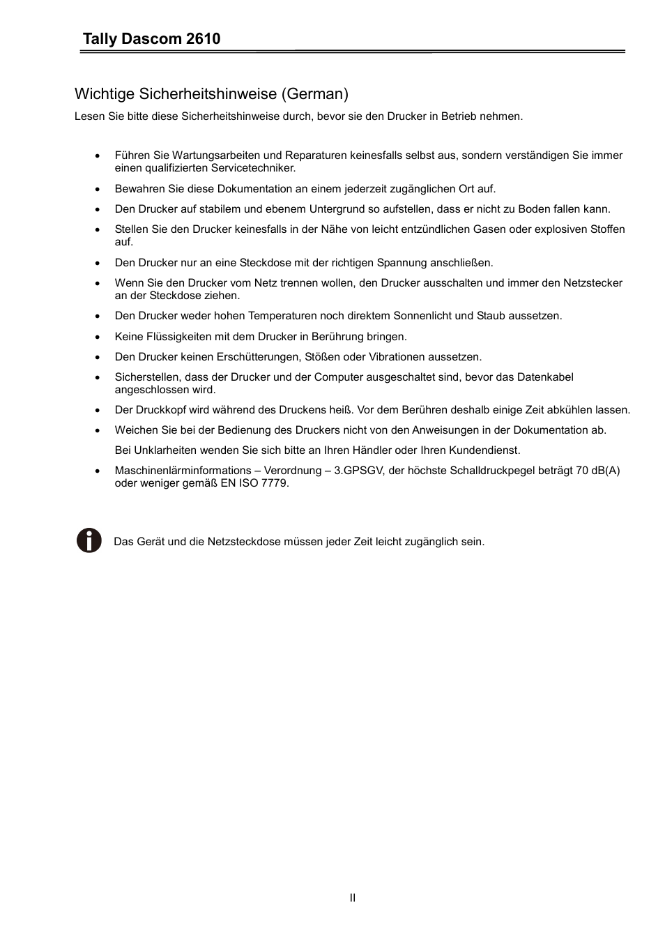 Tally dascom 2610, Wichtige sicherheitshinweise (german) | Dascom 2600 User Guide User Manual | Page 3 / 133