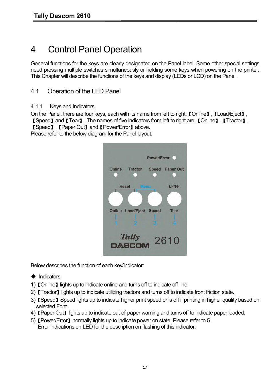 4 control panel operation, 1 operation of the led panel, 1 keys and indicators | Tally dascom 2610 | Dascom 2600 User Guide User Manual | Page 30 / 133