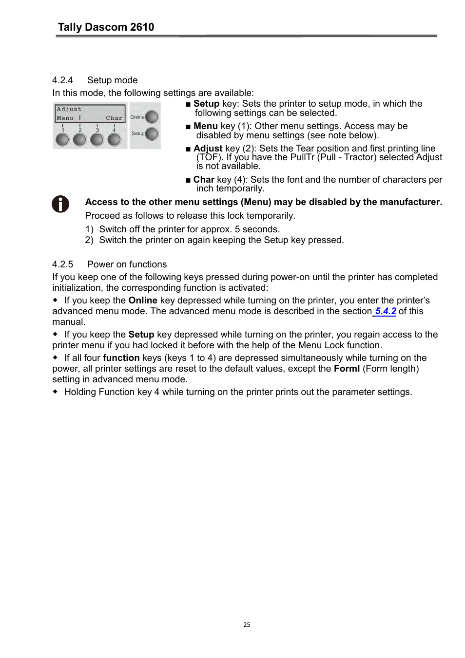 4 setup mode, 5 power on functions, Tally dascom 2610 | Dascom 2600 User Guide User Manual | Page 38 / 133