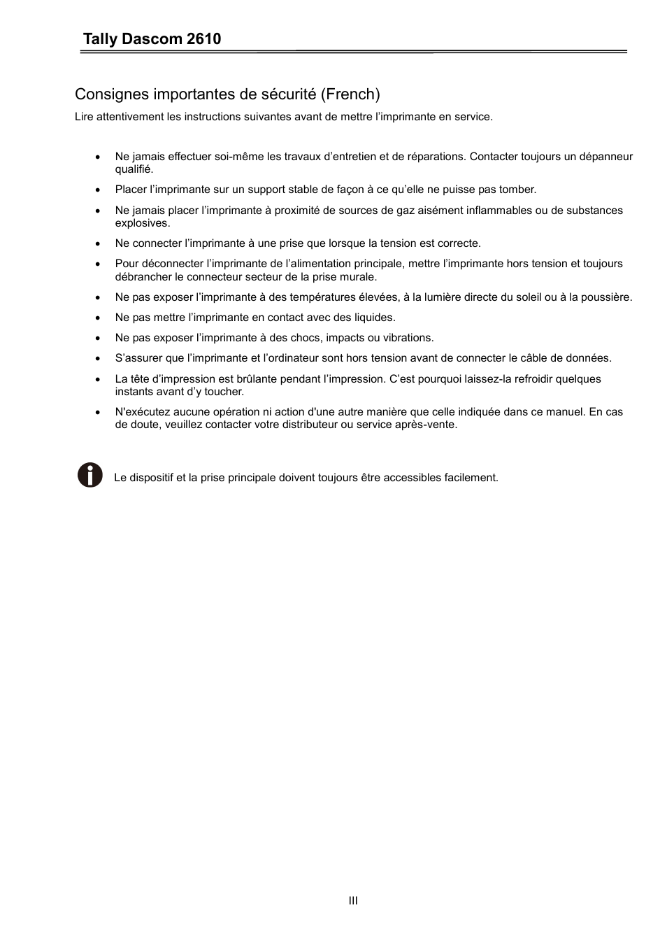 Tally dascom 2610, Consignes importantes de sécurité (french) | Dascom 2600 User Guide User Manual | Page 4 / 133