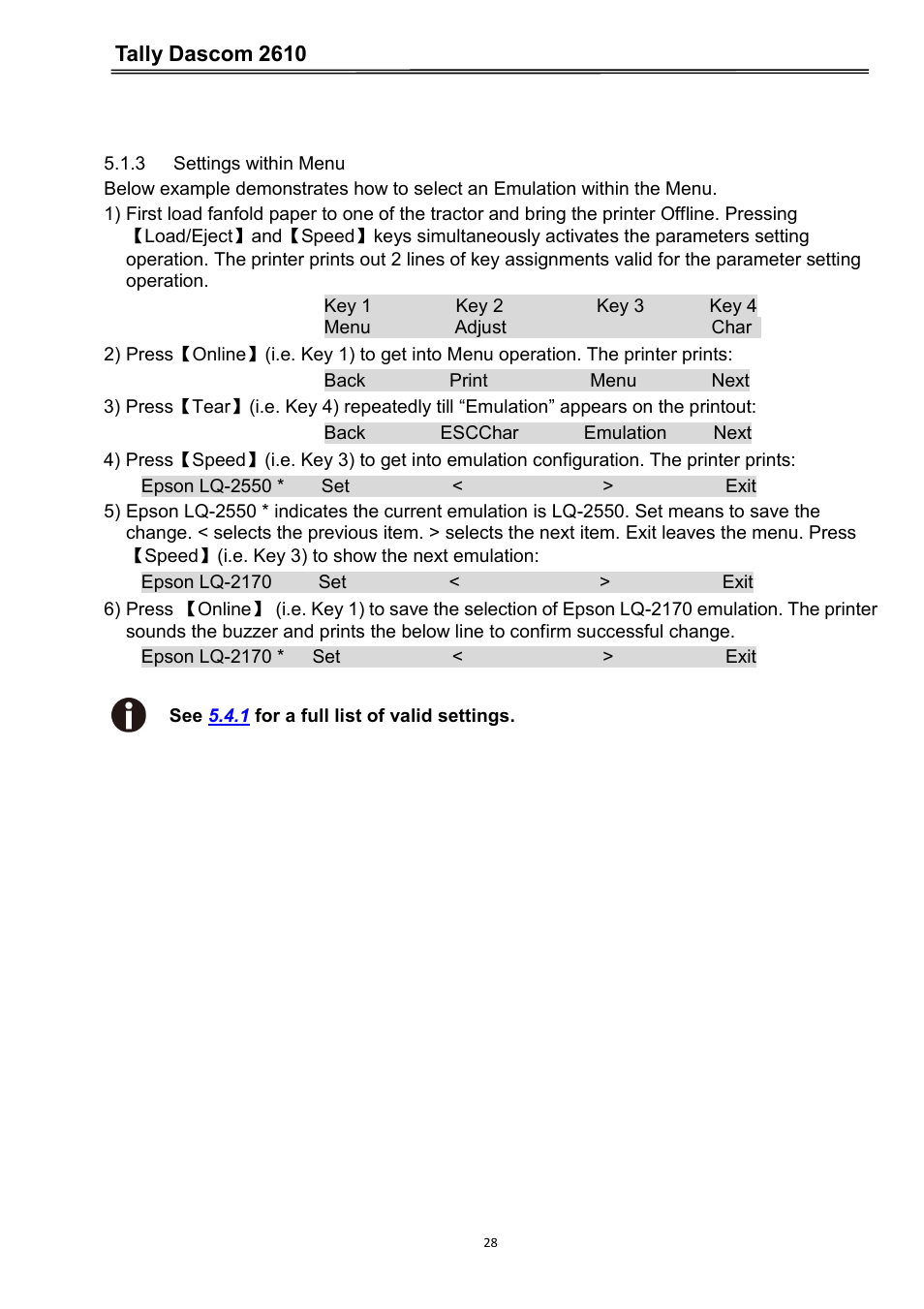 3 settings within menu, Tally dascom 2610 | Dascom 2600 User Guide User Manual | Page 41 / 133