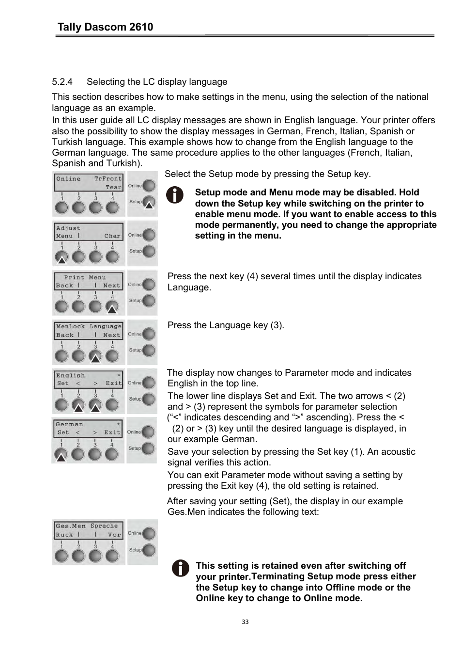 4 selecting the lc display language, Tally dascom 2610 | Dascom 2600 User Guide User Manual | Page 46 / 133