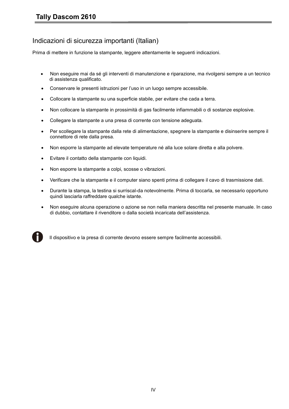 Tally dascom 2610, Indicazioni di sicurezza importanti (italian) | Dascom 2600 User Guide User Manual | Page 5 / 133