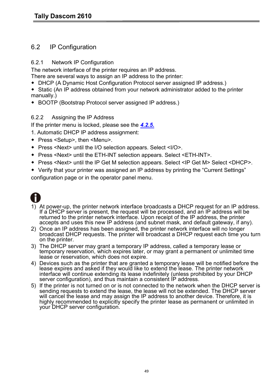2 ip configuration, 1 network ip configuration, 2 assigning the ip address | Tally dascom 2610 | Dascom 2600 User Guide User Manual | Page 62 / 133