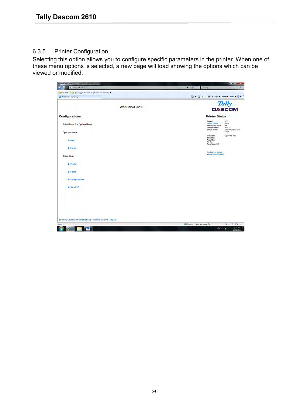 5 printer configuration, Tally dascom 2610 | Dascom 2600 User Guide User Manual | Page 67 / 133