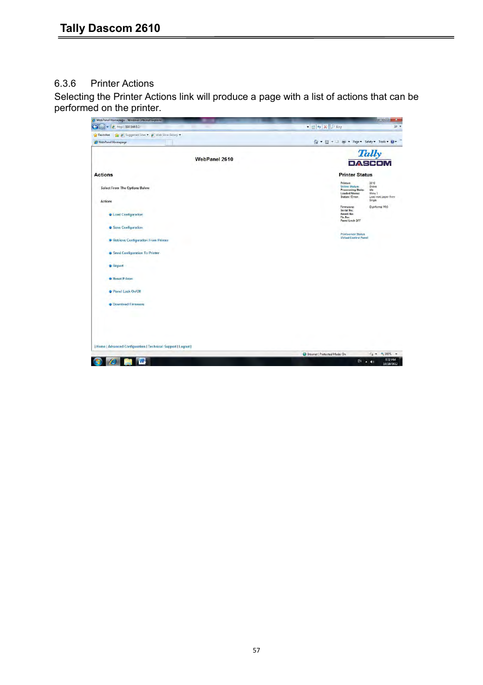 6 printer actions, Tally dascom 2610 | Dascom 2600 User Guide User Manual | Page 70 / 133