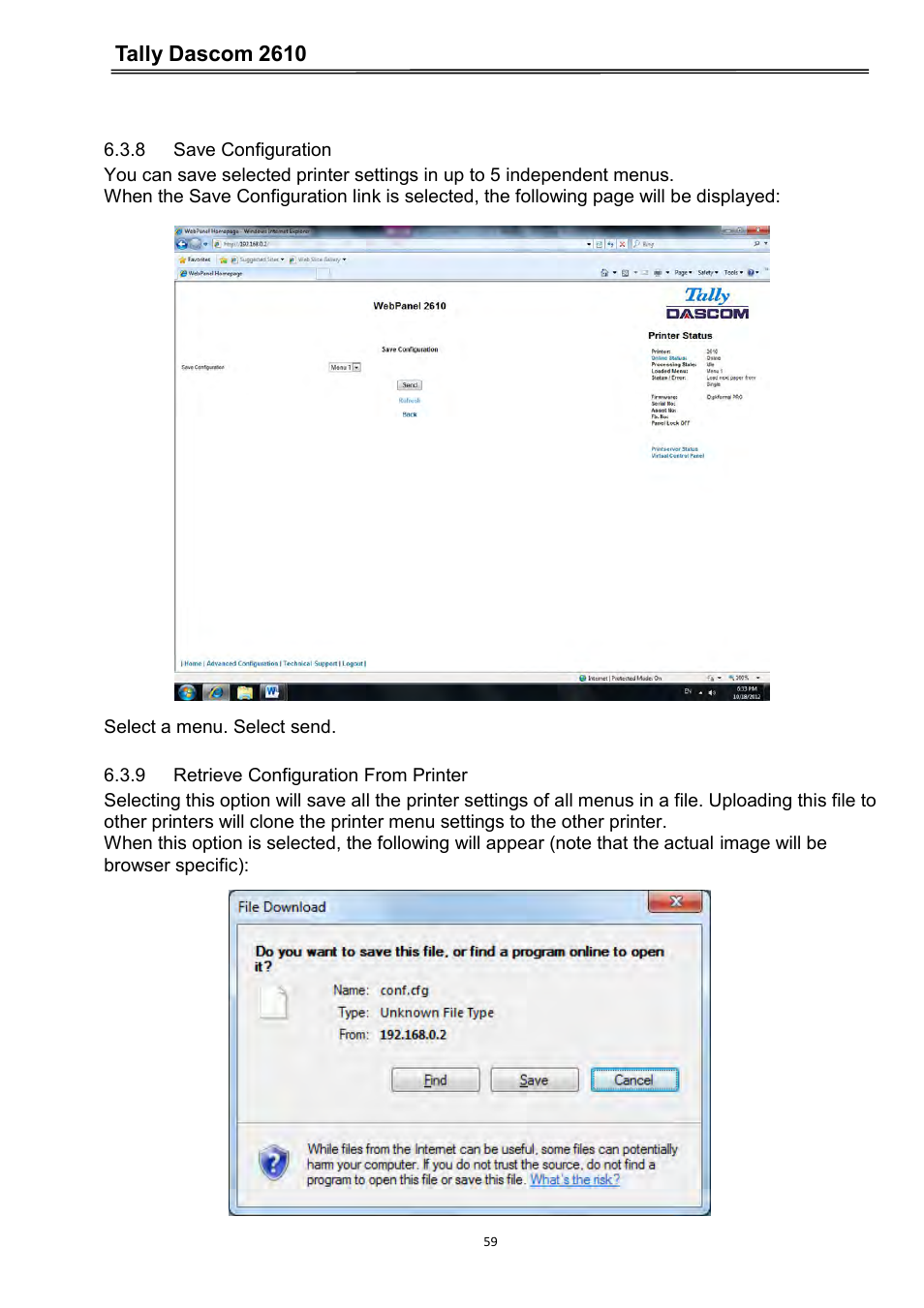 8 save configuration, 9 retrieve configuration from printer, Tally dascom 2610 | Dascom 2600 User Guide User Manual | Page 72 / 133