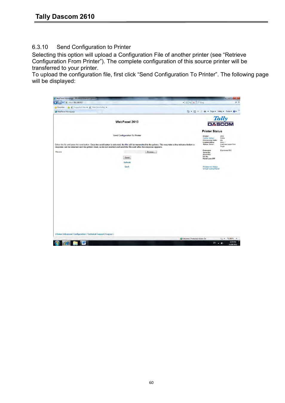 10 send configuration to printer, Tally dascom 2610 | Dascom 2600 User Guide User Manual | Page 73 / 133