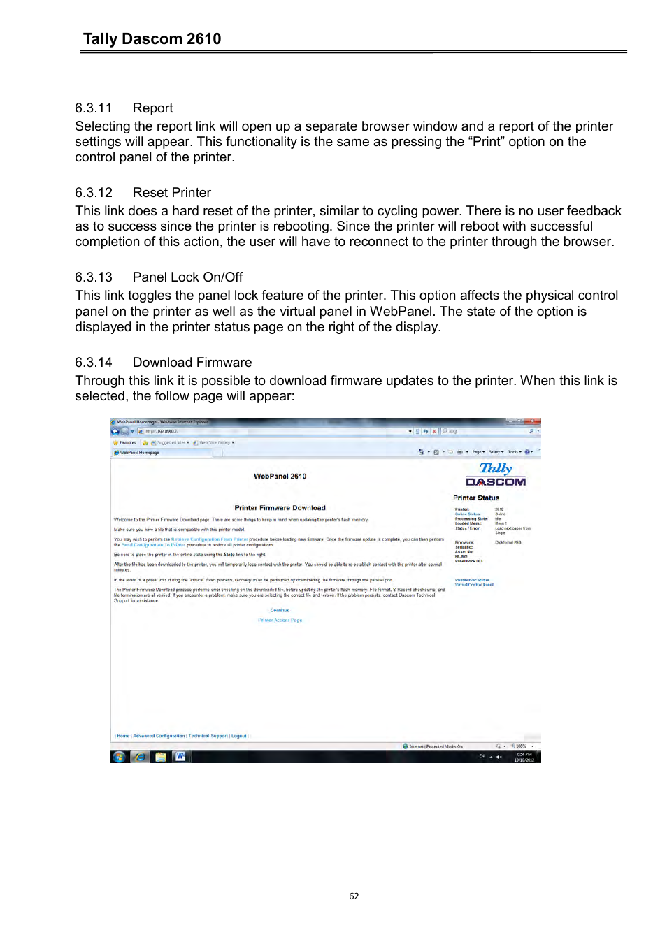 11 report, 12 reset printer, 13 panel lock on/off | 14 download firmware, Tally dascom 2610 | Dascom 2600 User Guide User Manual | Page 75 / 133