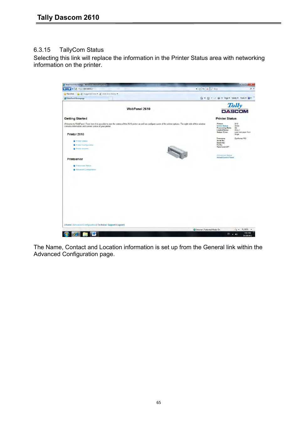 15 tallycom status, Tally dascom 2610 | Dascom 2600 User Guide User Manual | Page 78 / 133