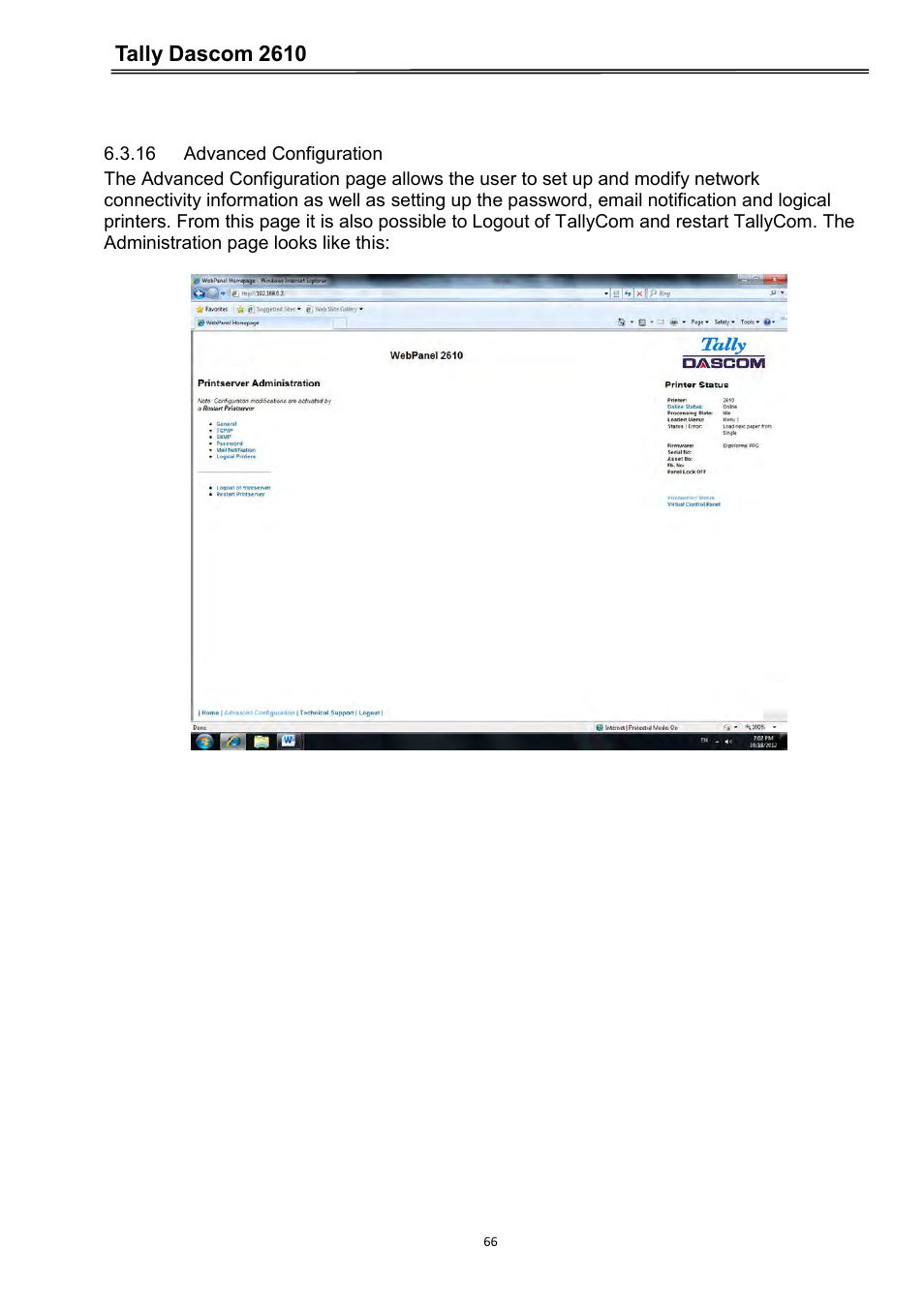 16 advanced configuration, Tally dascom 2610 | Dascom 2600 User Guide User Manual | Page 79 / 133