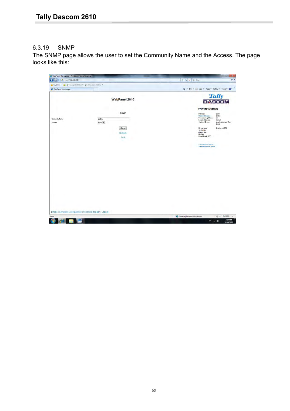 19 snmp, Tally dascom 2610 | Dascom 2600 User Guide User Manual | Page 82 / 133