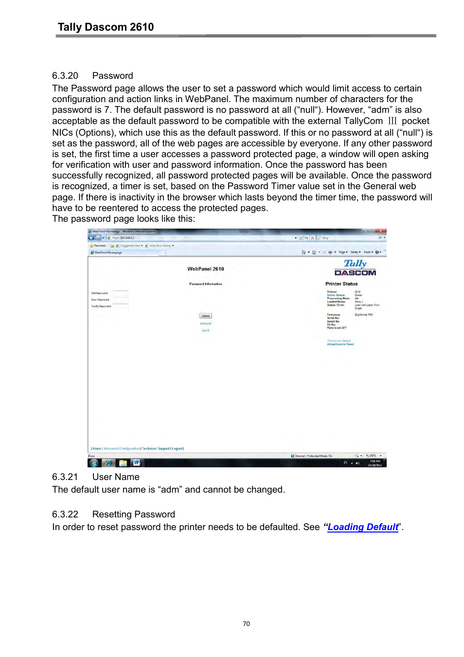 20 password, 21 user name, 22 resetting password | Tally dascom 2610 | Dascom 2600 User Guide User Manual | Page 83 / 133