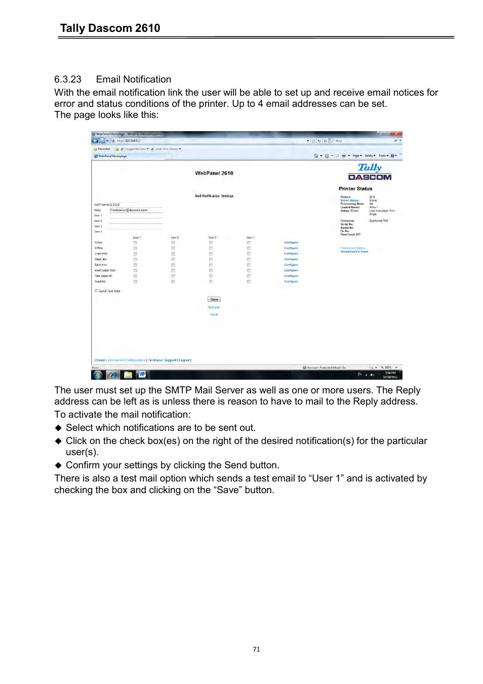 23 email notification, Tally dascom 2610 | Dascom 2600 User Guide User Manual | Page 84 / 133