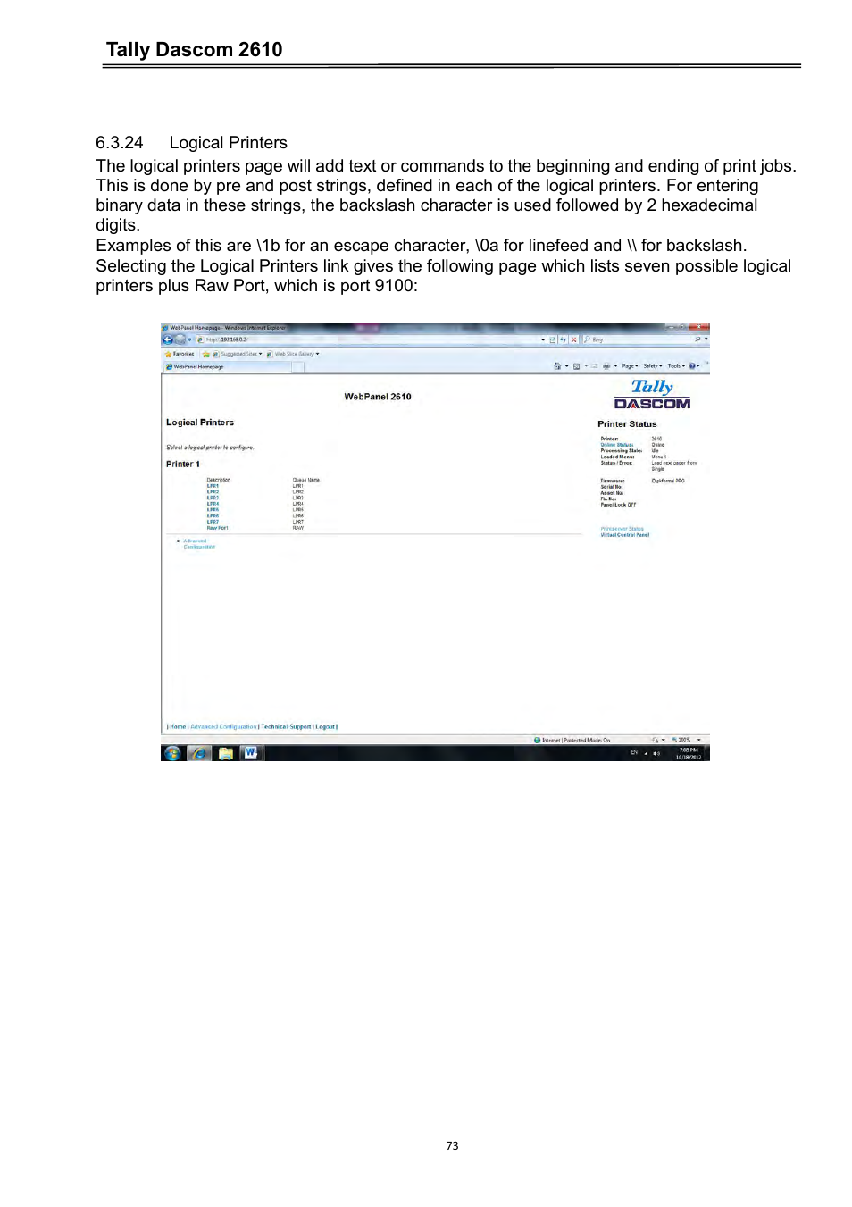 24 logical printers, Tally dascom 2610 | Dascom 2600 User Guide User Manual | Page 86 / 133