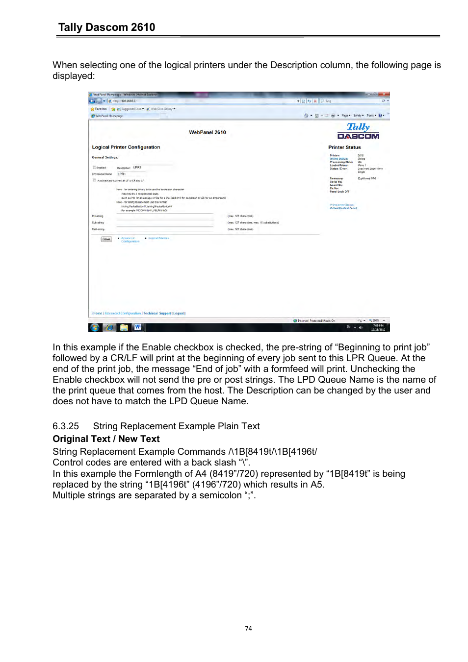 25 string replacement example plain text, Tally dascom 2610 | Dascom 2600 User Guide User Manual | Page 87 / 133