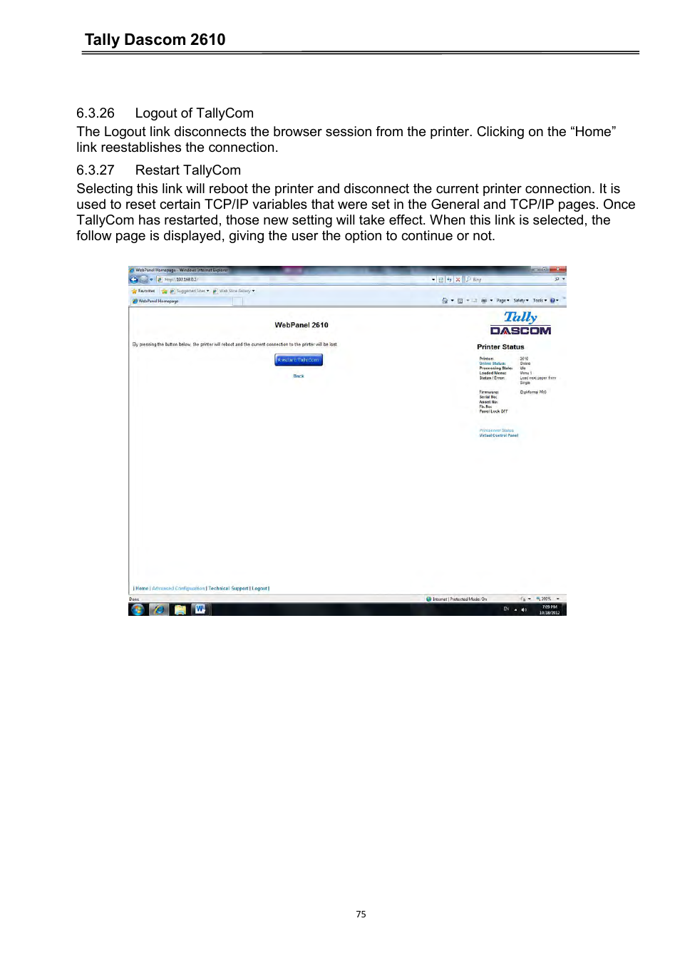 26 logout of tallycom, 27 restart tallycom, Tally dascom 2610 | Dascom 2600 User Guide User Manual | Page 88 / 133