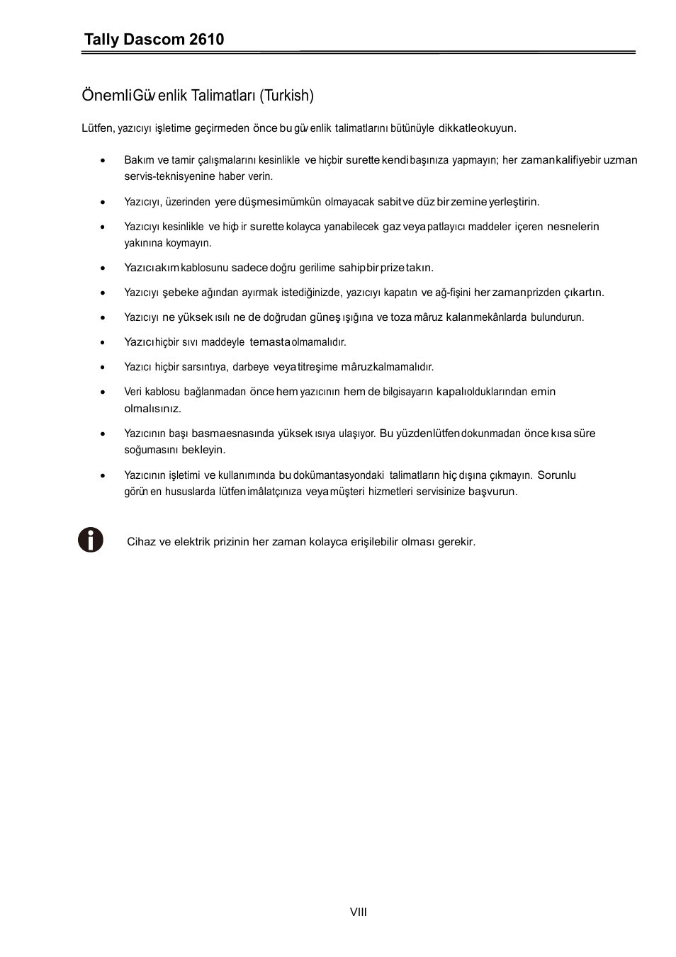 Tally dascom 2610, Önemli güv enlik talimatları (turkish) | Dascom 2600 User Guide User Manual | Page 9 / 133