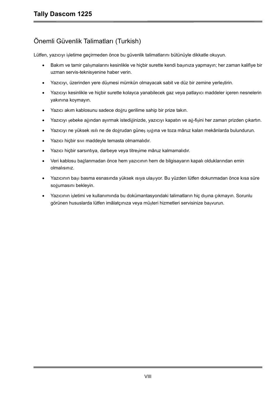 Tally dascom 1225, Önemli güvenlik talimatları (turkish) | Dascom 1225 User Guide User Manual | Page 10 / 100